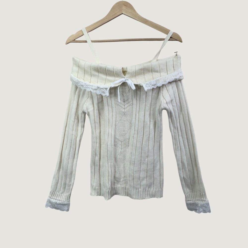 Unbranded Off Shoulder Lace Trim Ribbed Sweater S Cream Coquette Balletcore